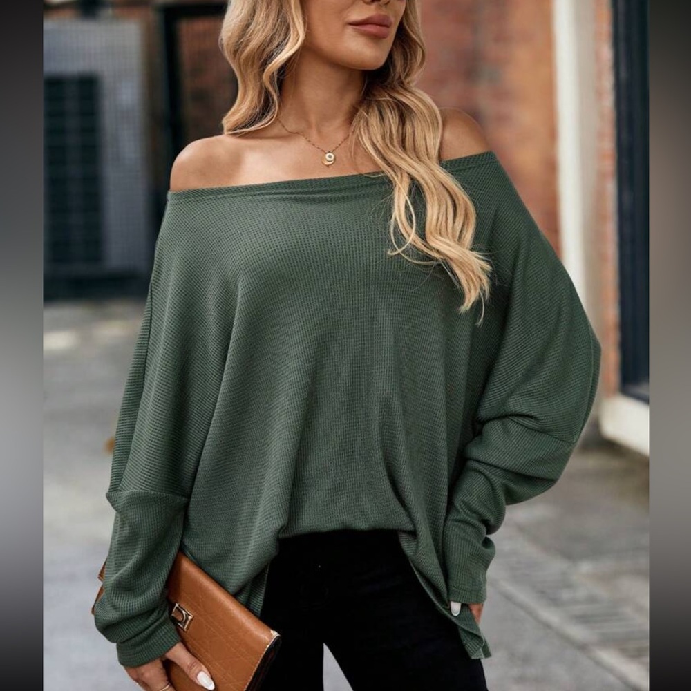 Solid Off Shoulder Loose Fit Waffle Long Sleeve Top - Picture 4 of 8